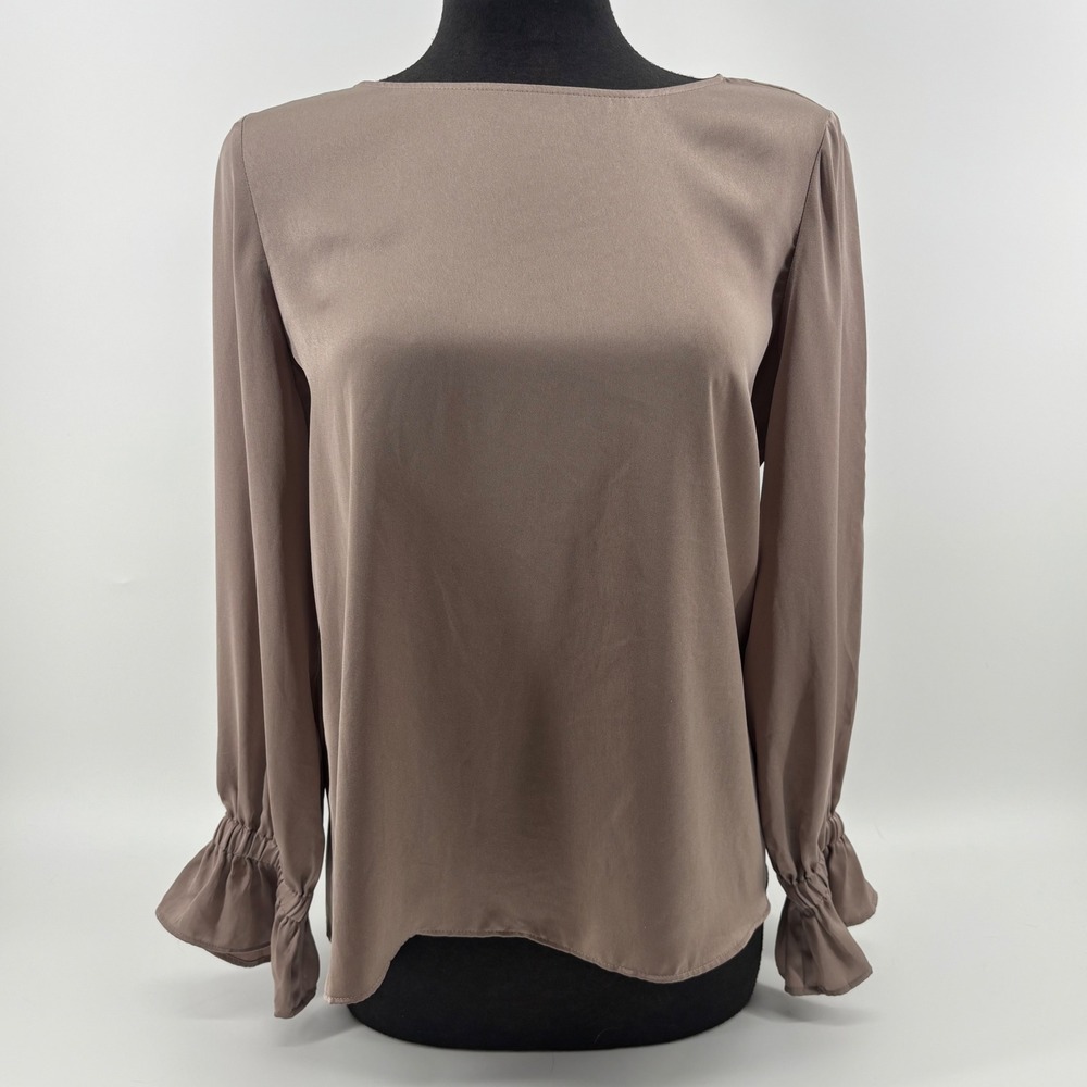 Banana Republic Womens Taupe Satin Boat Neck Blouse Smocked Cuffs Size M